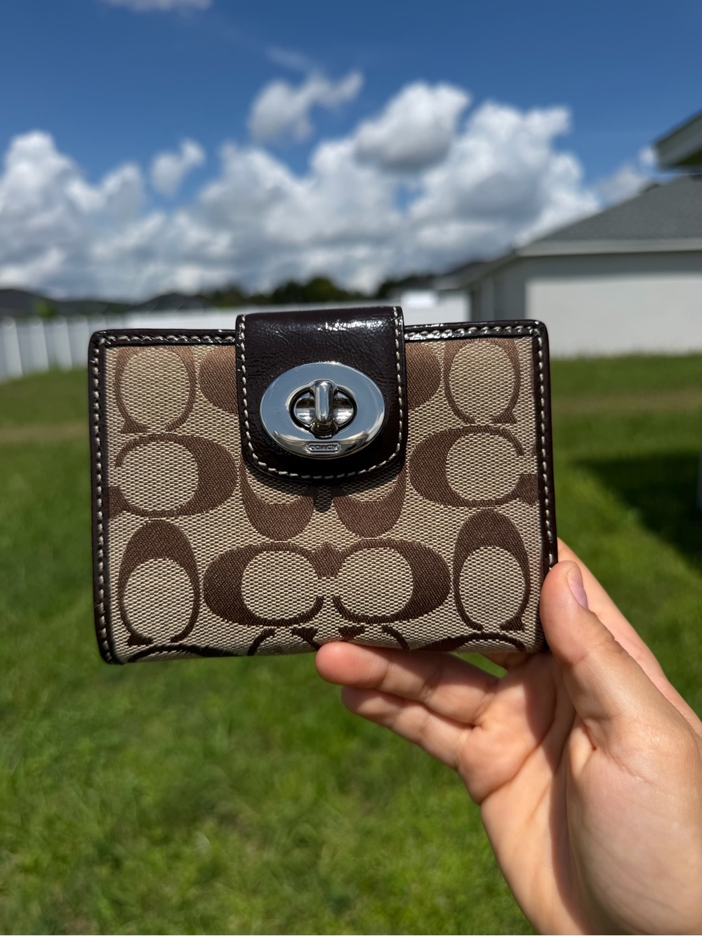 Coach Brown Signature Canvas Card Holder with Silver Turnlock